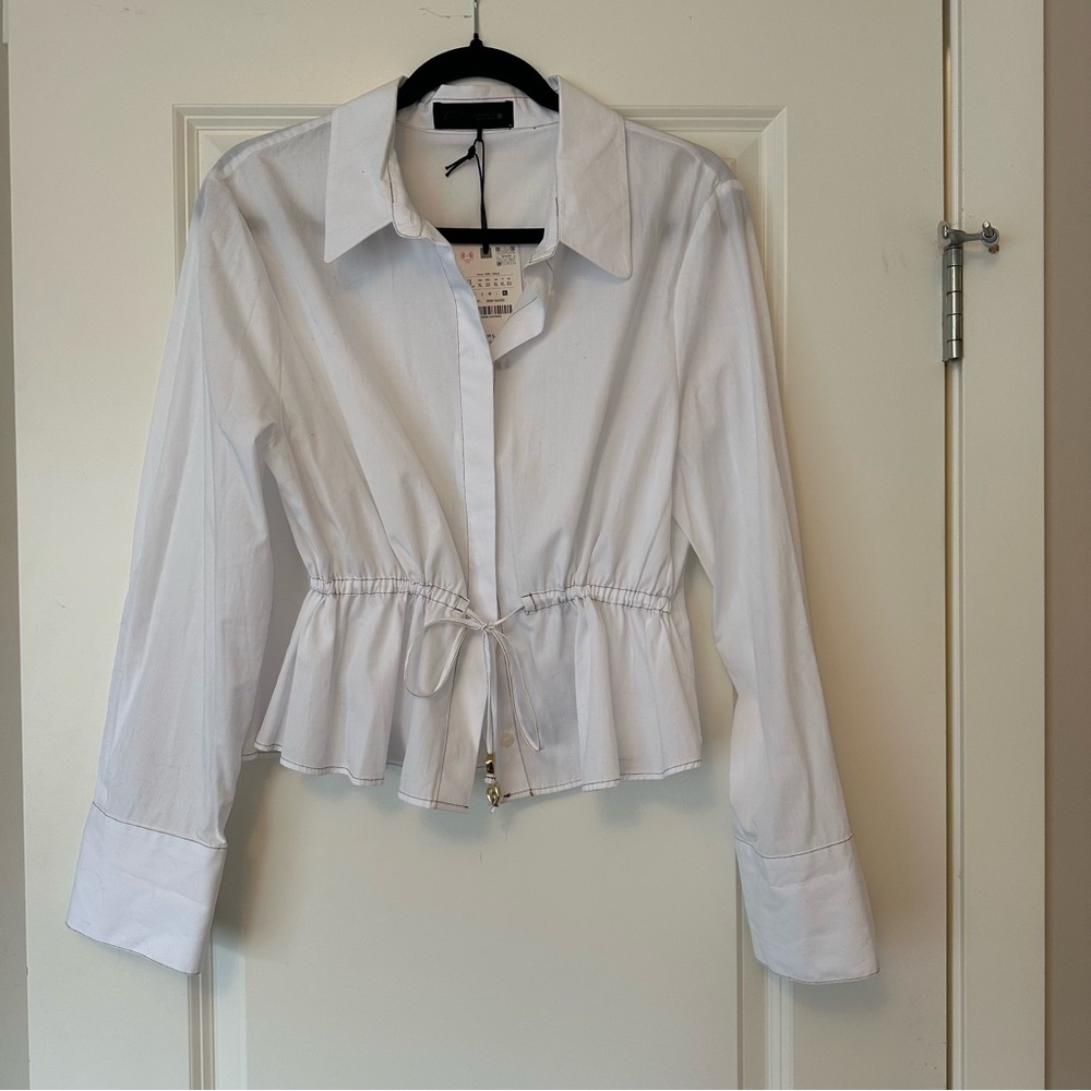 Zara NWT White Drawstring Peplum Button-Down Shirt